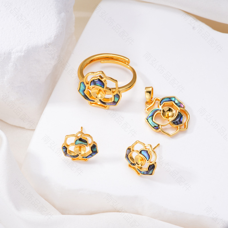 Pearl ring, earneedle pendant, micro-inlaid three-piece set, empty stand, colorful four-petal flower, oil-drip, crushed shell DIY, light luxury style pic 4