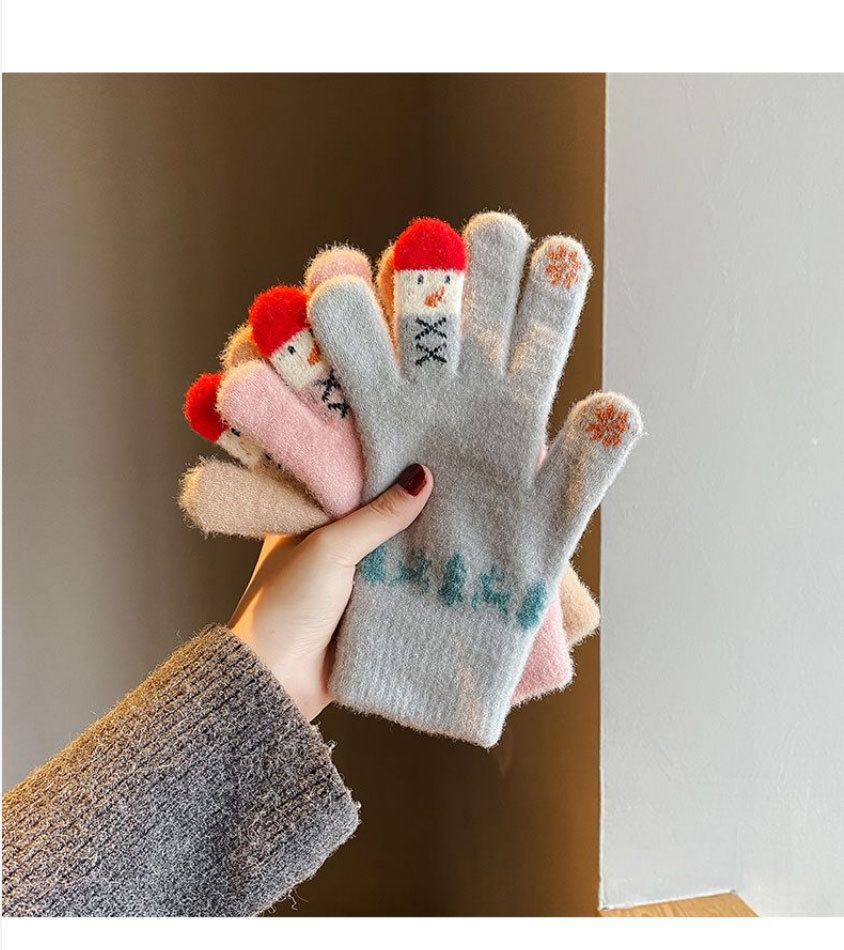 毛线手套女冬季可爱雪人针织可触屏加厚保暖骑行车五指冬天防寒棉详情5