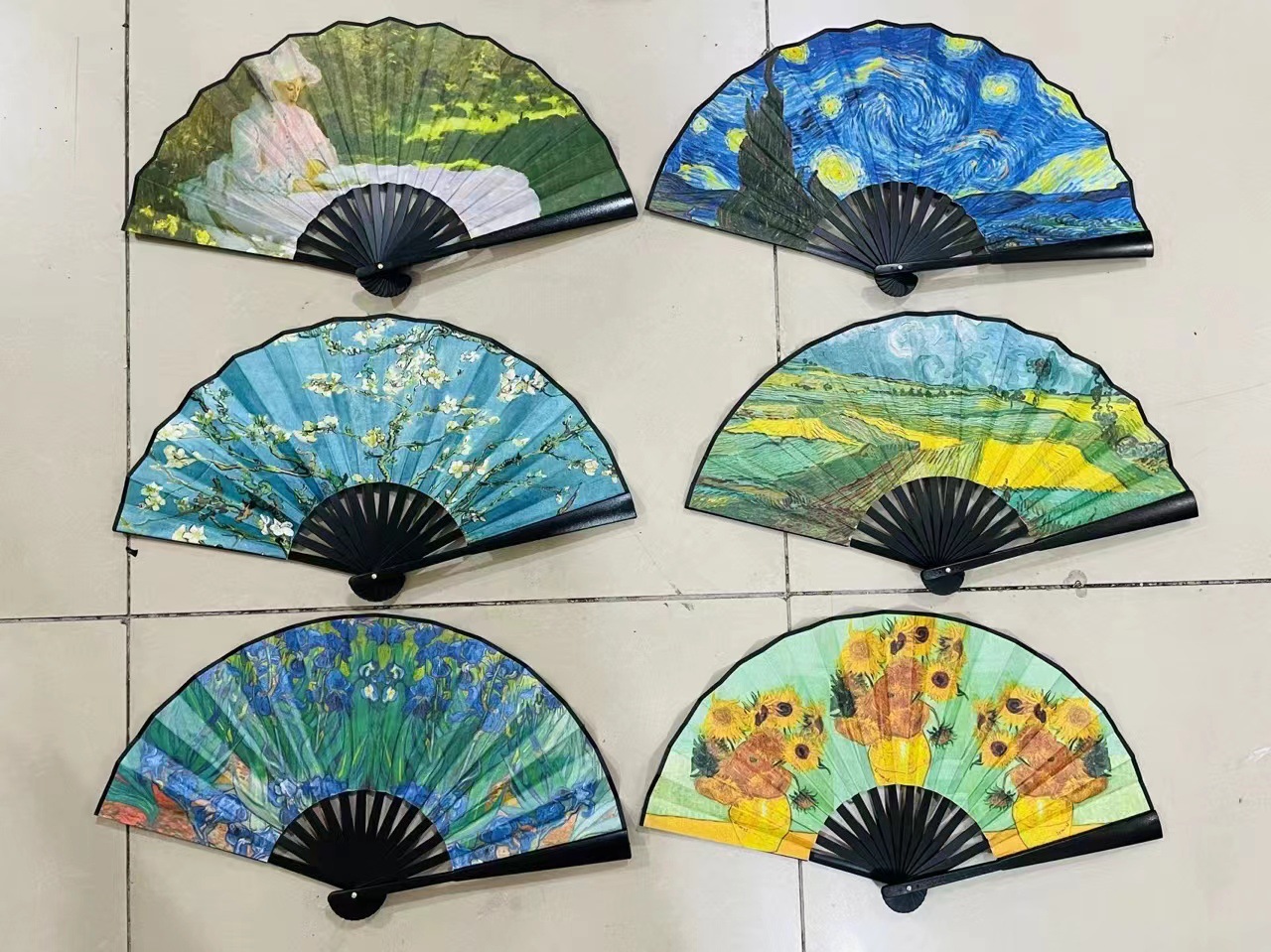 New oil painting series festival folding fans, popular hand fans in Europe and America, large fans, double-sided landscape printed fans pic 15