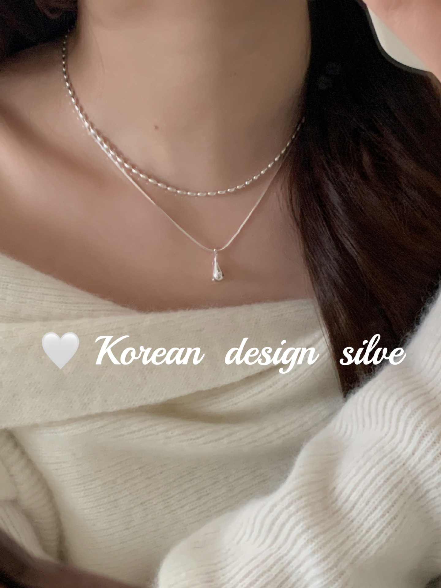 韩国小众设计亮银饰品 S925纯银双层橄榄水滴项链高级感叠戴ins风详情2