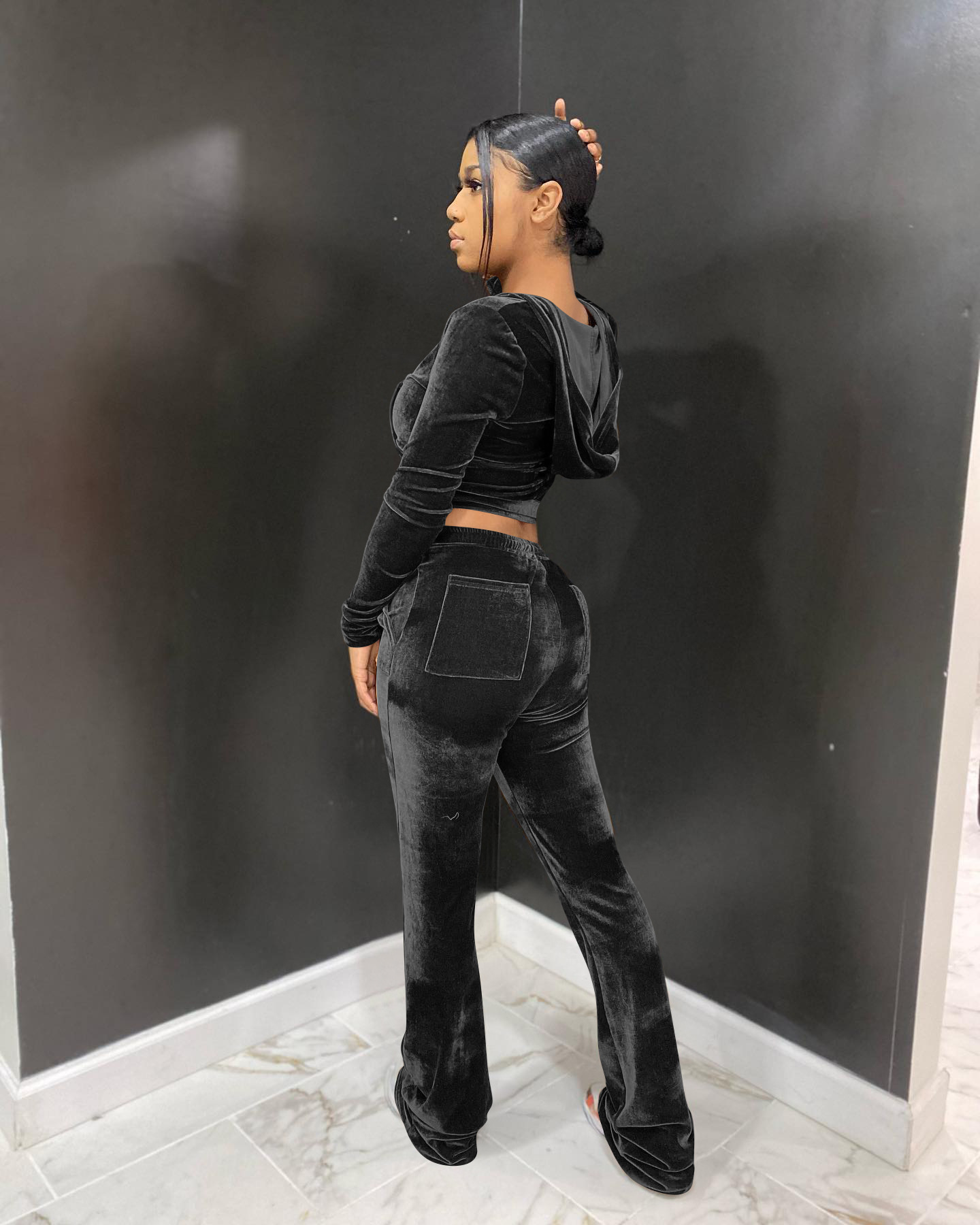 Solid color gold velvet wide-leg pants two-piece set pic 53