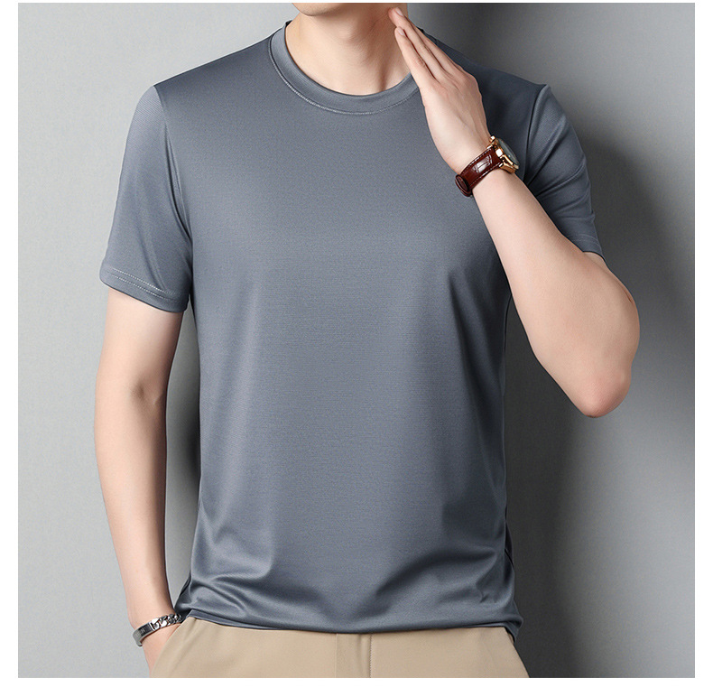 2024夏季新款桑蚕丝男士短袖纯色休闲中年薄款透气体恤男t恤批发详情19