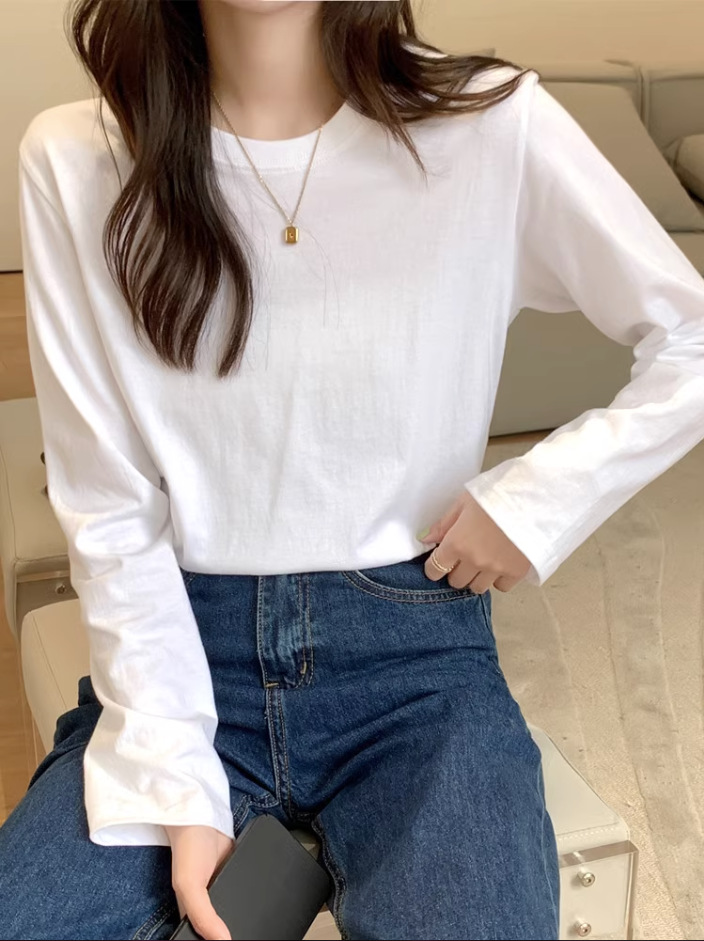 正肩长袖T恤女2025年新款春秋冬季内搭纯棉宽松白色打底衫女上衣详情16
