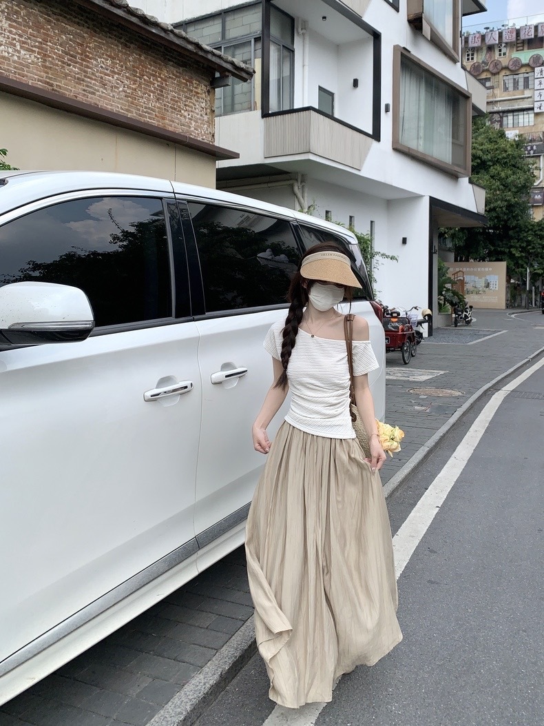 斜肩肌理感韩版短袖T恤女夏季修身显瘦内搭打底衫白色气质上衣服详情8