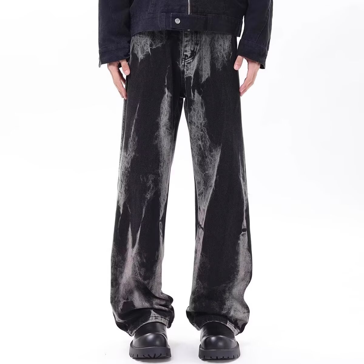 FUIV 扎染水洗垂感牛仔裤男女新款渐变宽松显瘦直筒阔腿拖地裤子详情8