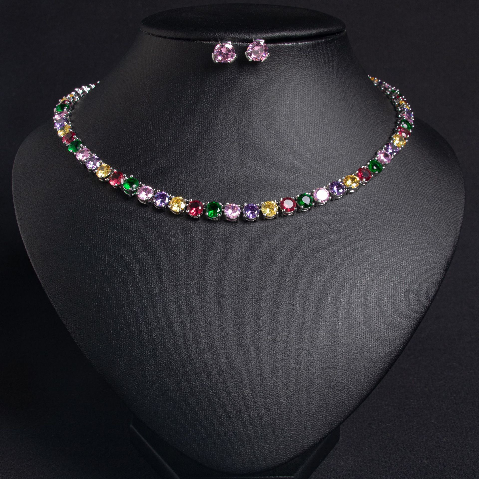 A two-piece set of colorful zircon necklaces for European and American brides, casual and versatile, hip-hop noble stud wedding accessories and earrings pic 3