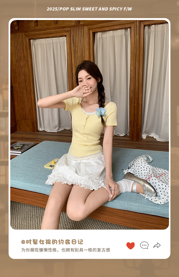 奶黄色假两件碎花短袖t恤女装2025夏季新款甜美气质修身显瘦上衣详情4