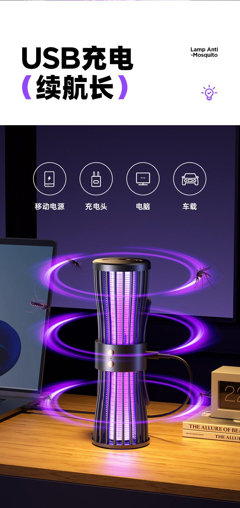 充电灭蚊灯户外露营小夜灯家用物理电击式捕蚊灯诱蚊器壁挂驱蚊器详情13