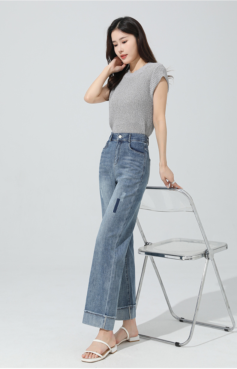 If 2026 Spring high-waisted denim straight egg roll pants for women with upturned fringed nine-inch narrow wide-leg pants 20153 pic 16