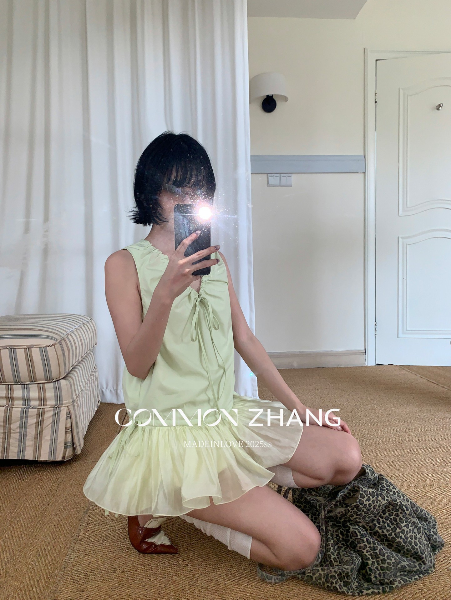 CZ ZHANG Summer French mint Manbo V-neck lace-up Youthful A-line puffed vest dress for women, B23782 pic 13