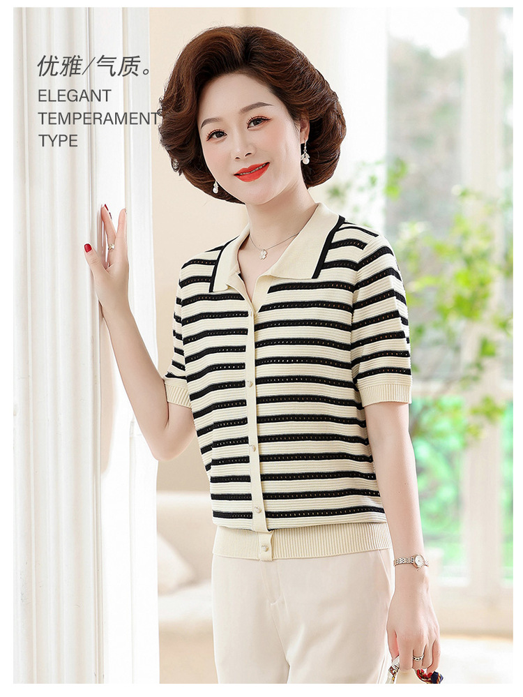 2024新款妈妈夏装短袖T恤中老年女冰丝条纹上衣洋气薄款小衫套装详情1