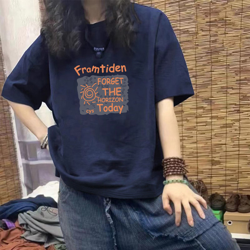 夏季新款纯棉藏青色短袖T恤女大码宽松ins高街个性显瘦打底衫上衣详情4