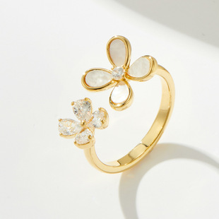 High-end natural black mother-of-pearl flower open ring, copper alloy inlaid with zircon freshwater pearls, adjustable ring ring pic 4