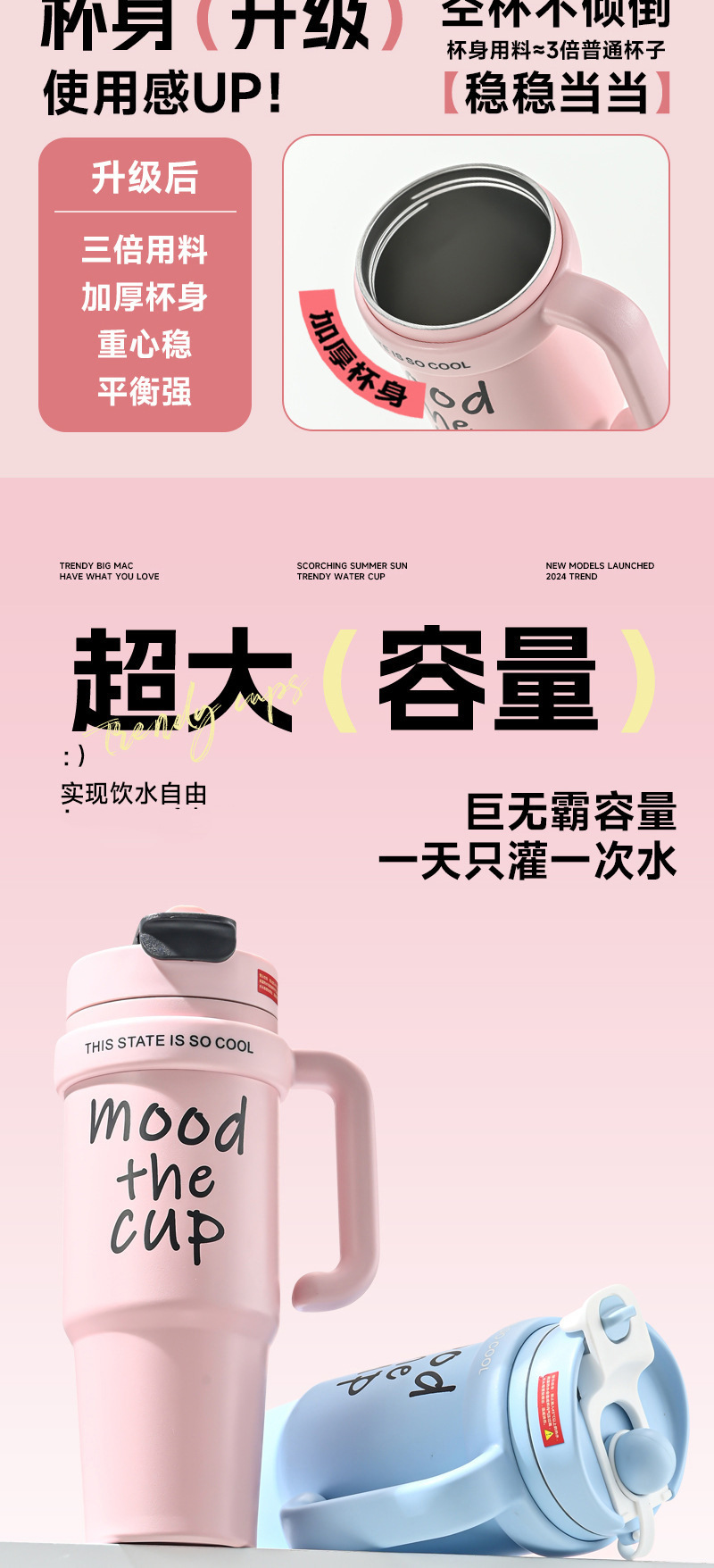 Giant insulated cup, high appearance level, large-capacity water cup for male and female students, cold and heat preservation cup, handle ice king pic 7