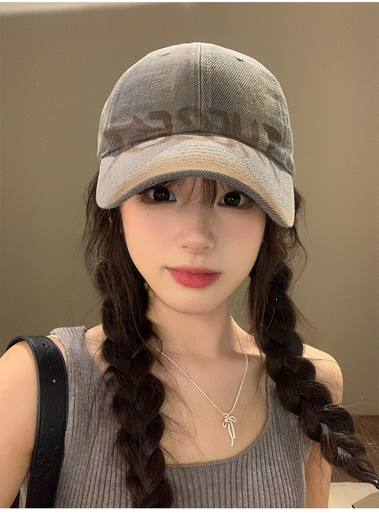 American retro letter grey baseball cap for women, wide brim, big face to show off, small baseball cap, versatile, big head circumference hat, clothing accessories pic 10