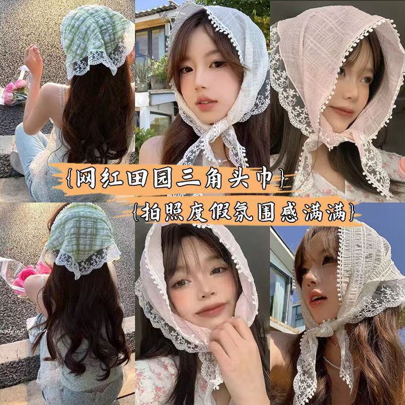 French lace knitted triangular scarf, flower retro Japanese headscarf, hair band, versatile small scarf, photo hair accessory for women pic 7