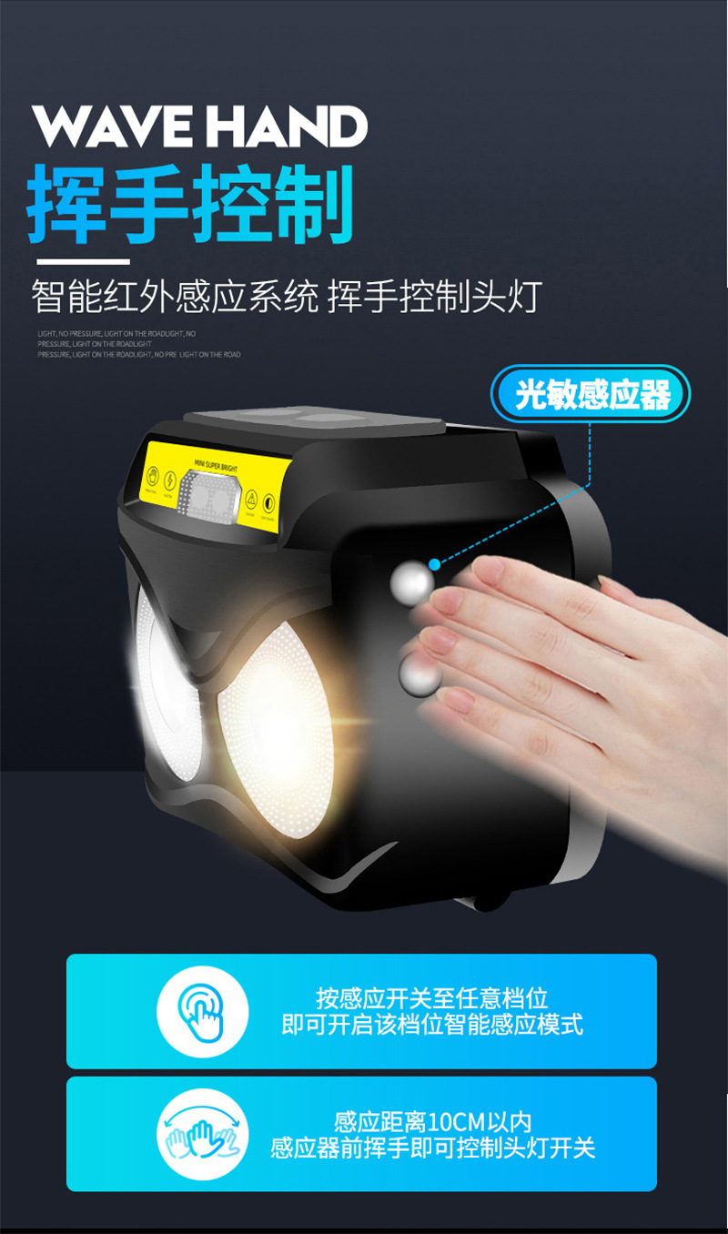 跨境多功能感应头灯强光轻型警示灯户外工作骑行夜跑钓鱼小头灯详情10