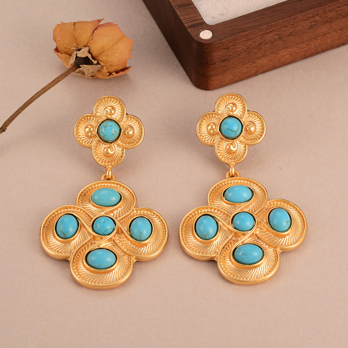 vintage turquoise exaggerated flower tassel earrings, court-style slimming and personalized stud earrings wholesale pic 19