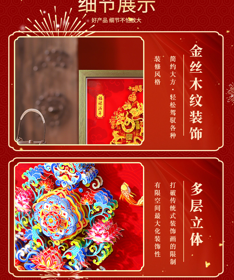 国潮新中式福禄吉祥3D立体diy剪纸画高颜值新年喜庆相框摆件送礼详情10