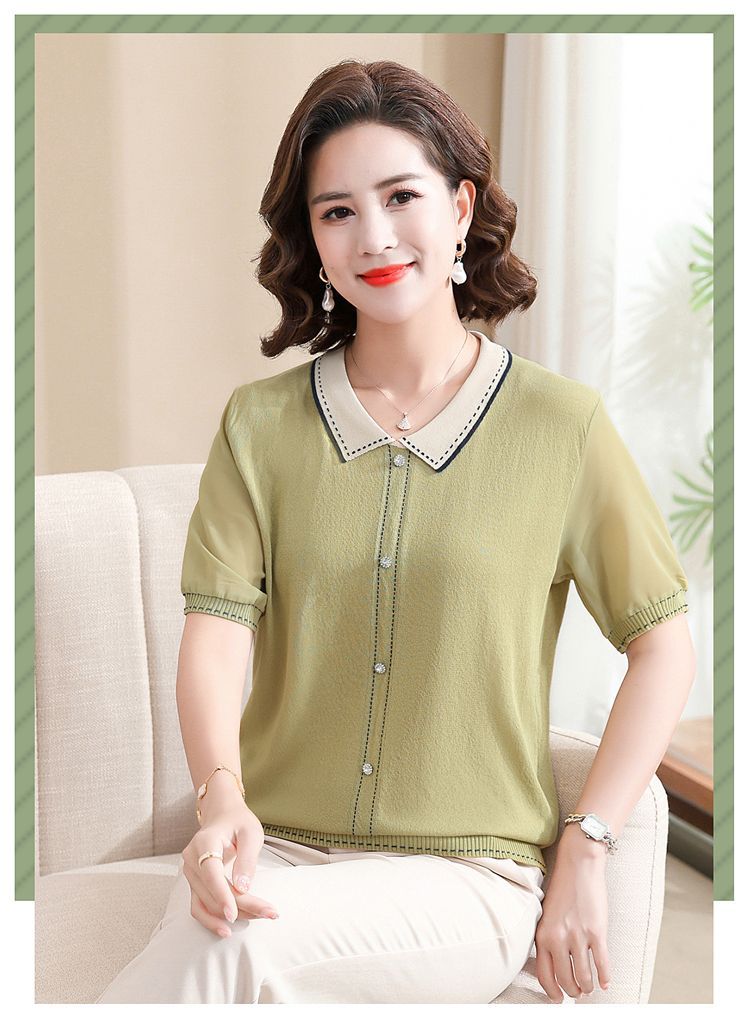 妈妈夏装短袖针织翻领T恤中老年女装冰丝上衣遮肚子薄款小衫套装详情8