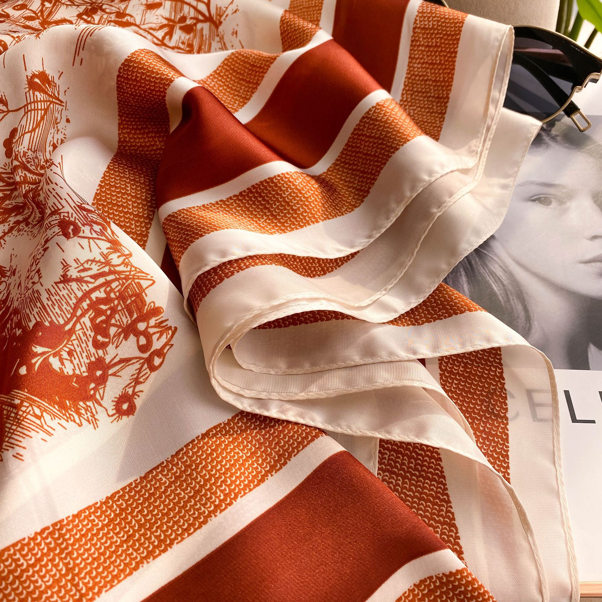 New faux silk scarf for women, 110cm plain weave large square scarf, versatile printed decorative sun protection shawl, summer wholesale pic 9