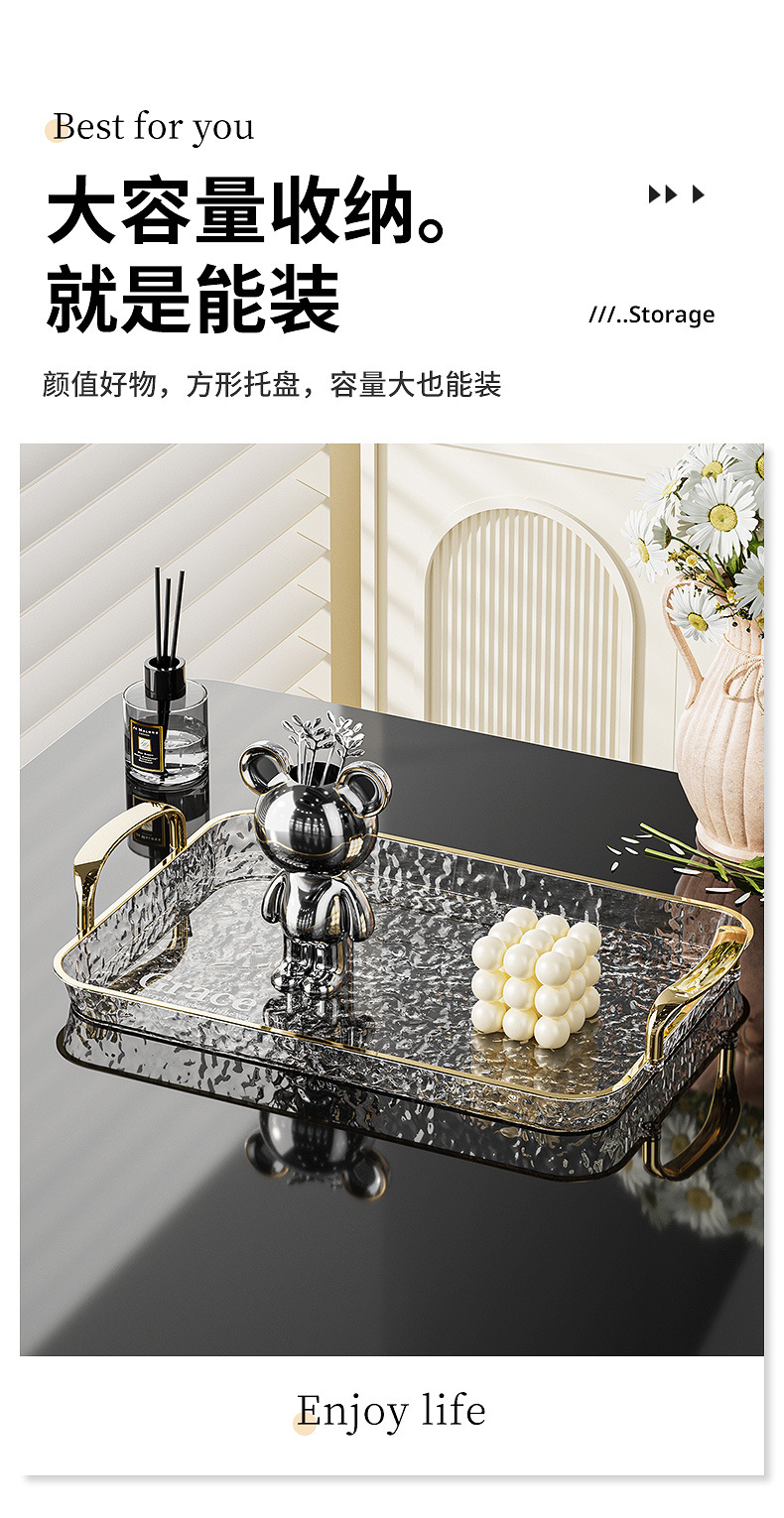 跨境爆款轻奢餐用托盘 可贴标PET透明带金色把手聚会餐厅家用托盘详情5
