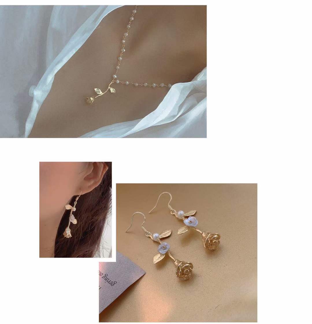 气质设计感玫瑰花珍珠项链铜镀真金清新温婉百搭款详情1