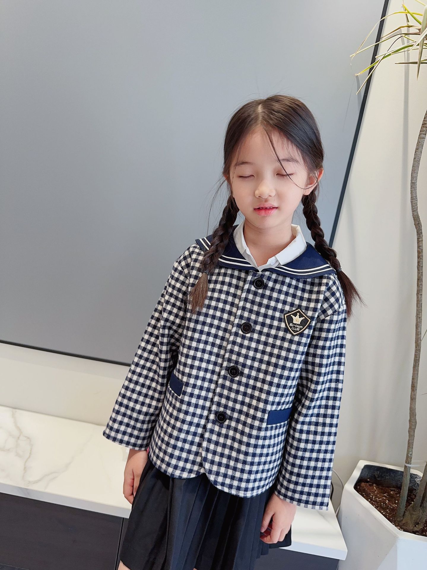 伯明翰学院海军同款外套 澳洲羊毛格子海军风领女童徽章小外套详情4