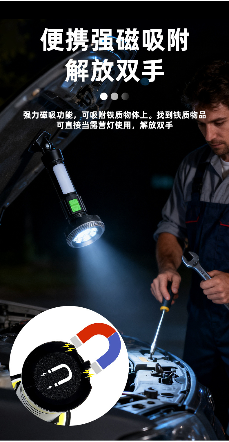 Cross-border bestseller multi-source high-intensity flashlight with magnet, inspection warning, camping lighting, daily necessities, handheld multi-functional lamp pic 3