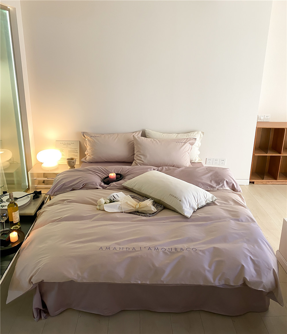 Simple, light luxury and fashionable solid-color long-staple cotton four-piece set, pure cotton letter-embroidered duvet cover, double bedding pic 20