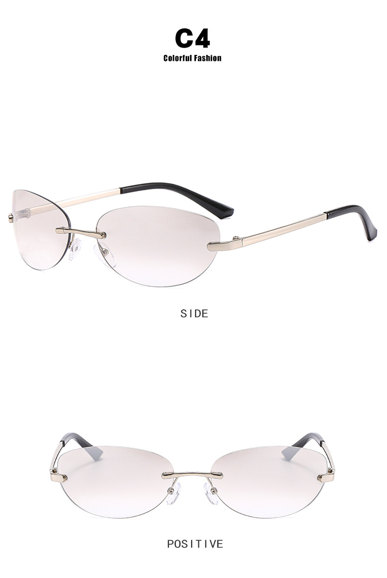 Retro frameless oval sunglasses, Y2K metal ins sunglasses, hot girl sunglasses, pose for street style, futuristic style pic 11