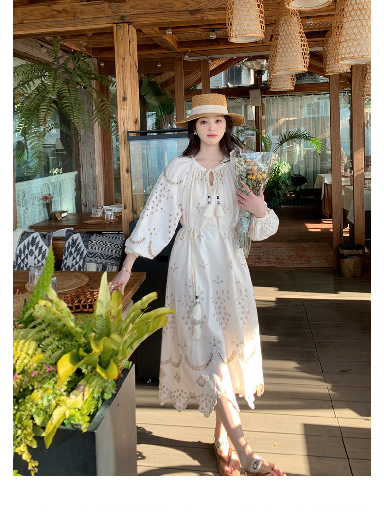 Real photo of a retro, gentle, cut-out embroidered V-neck apricot-colored dress, 2025 new seaside vacation style long-sleeved umbrella dress pic 8