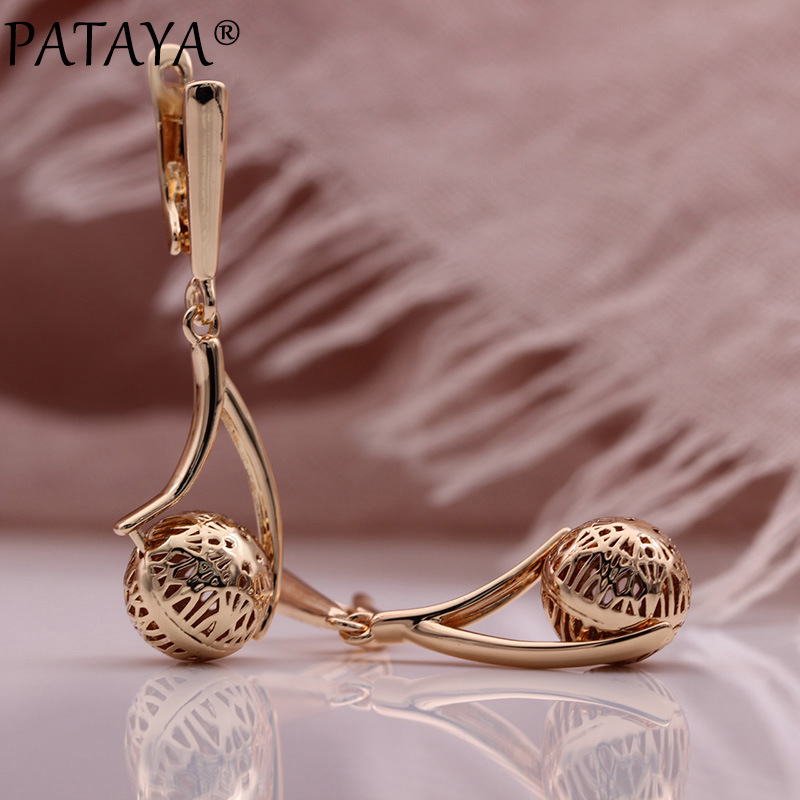 PATAYA585 rose gold electroplated earrings, cross-border direct supply to Amazon, retro hollow spherical long earrings pic 4