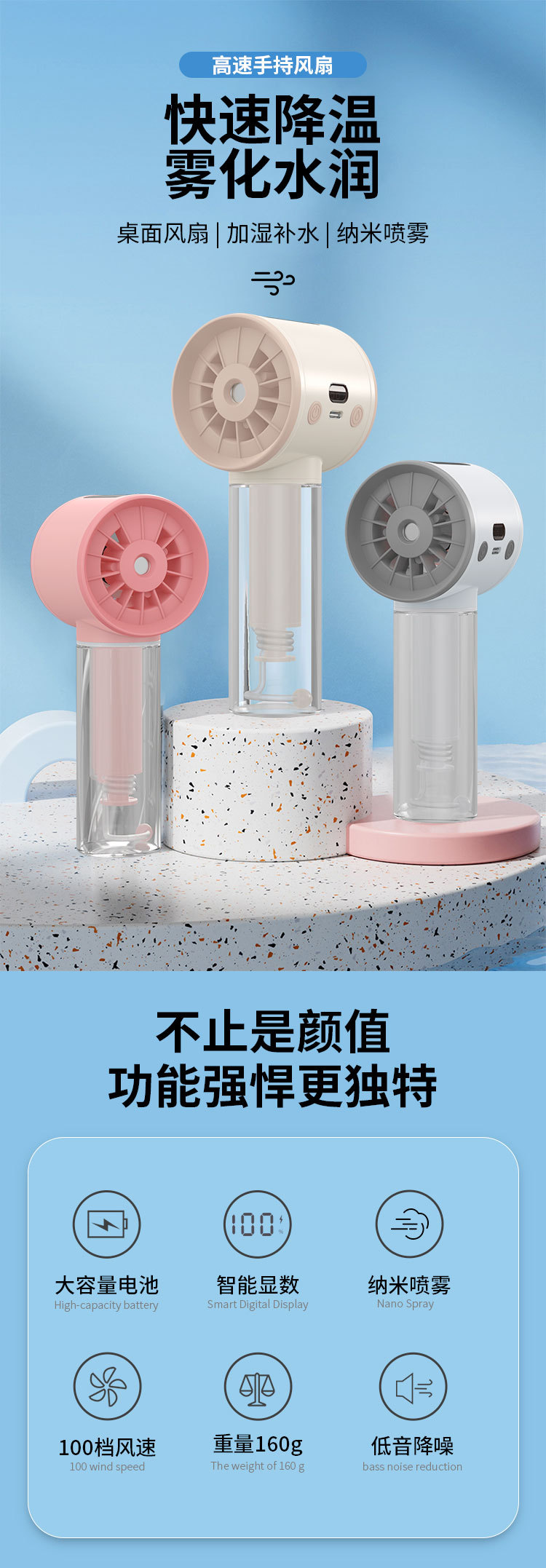 26年新款手持喷雾风扇便携式迷你USB制冷小风扇跨境喷雾加湿降温详情5