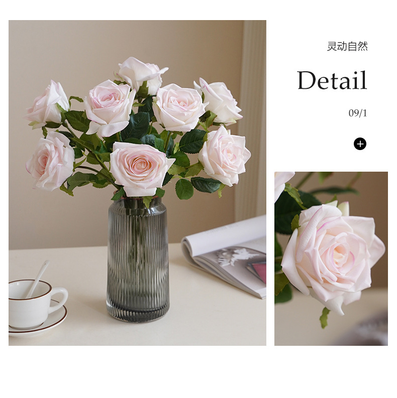 Single moisturizing rose artificial flower, Nordic simulation flower, living room dining table, TV cabinet decoration, hand feel moisturizing rose pic 16