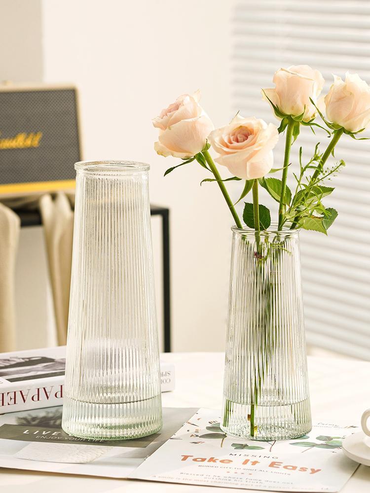 玻璃花瓶高级感简约创意透明竖纹塔玫瑰鲜花瓶ins风客厅插花摆件详情5