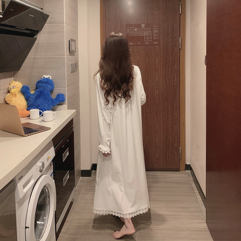 睡衣女大码睡裙白色长袖长裙宫廷风韩式公主风家居服外贸跨境爆款详情7