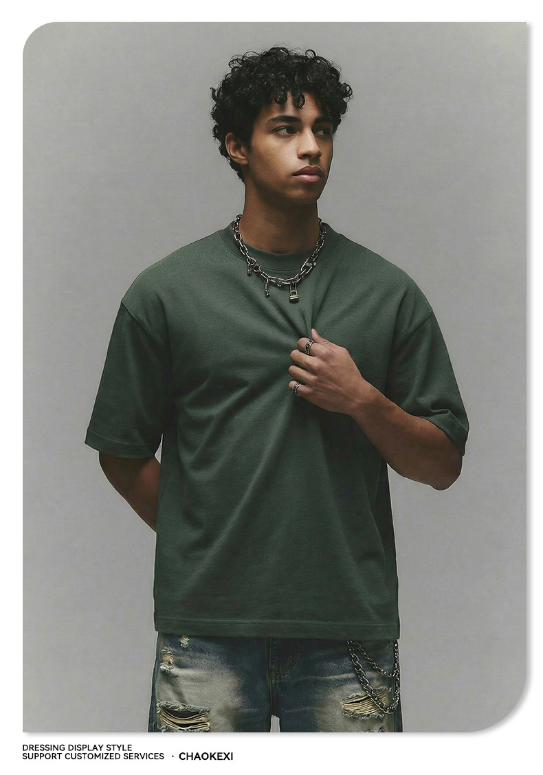 New pure cotton American-style solid-color youth T-shirt for men, 280g washed and aged trendy short-sleeved top custom-made pic 24