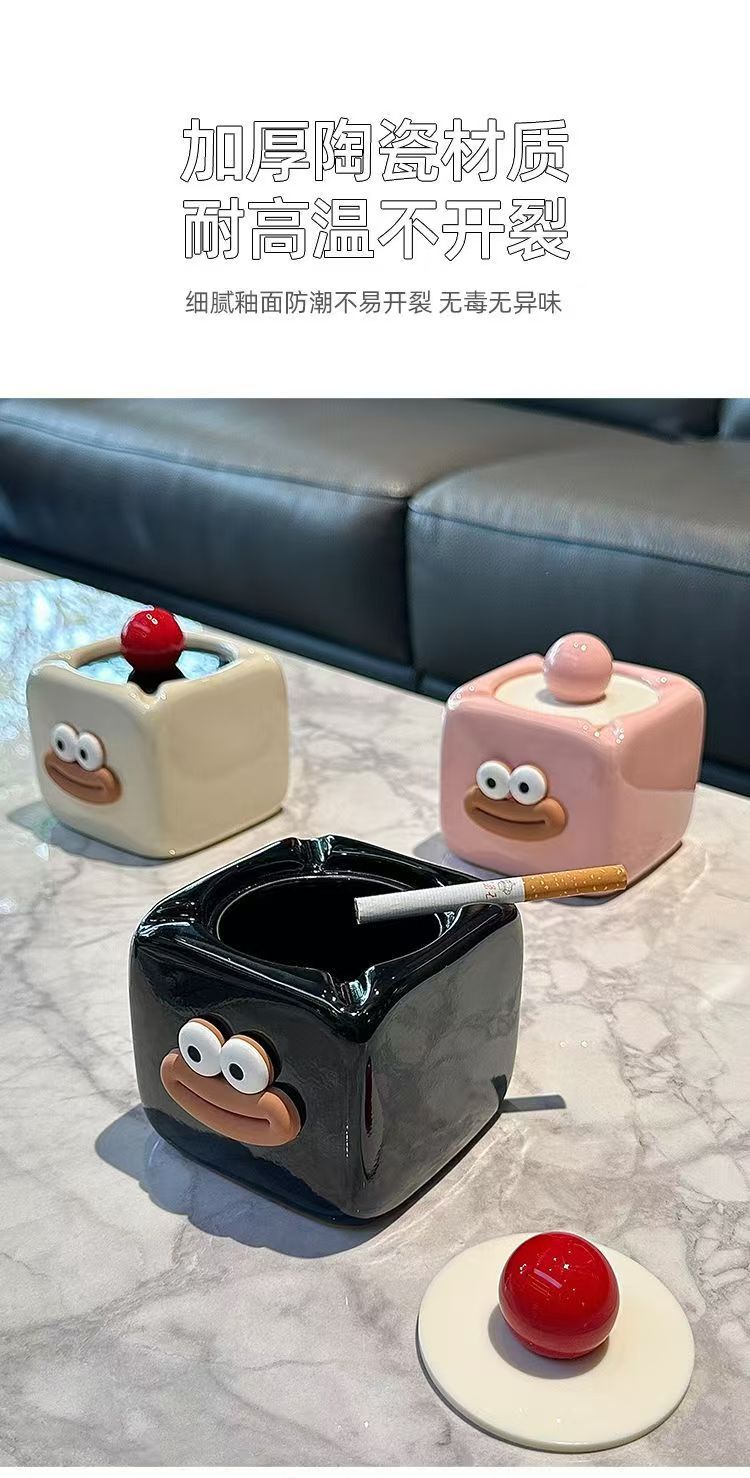 高颜值烟灰缸家用装饰个性客厅陶瓷创意摆件带盖防飞灰烟缸摆件详情7