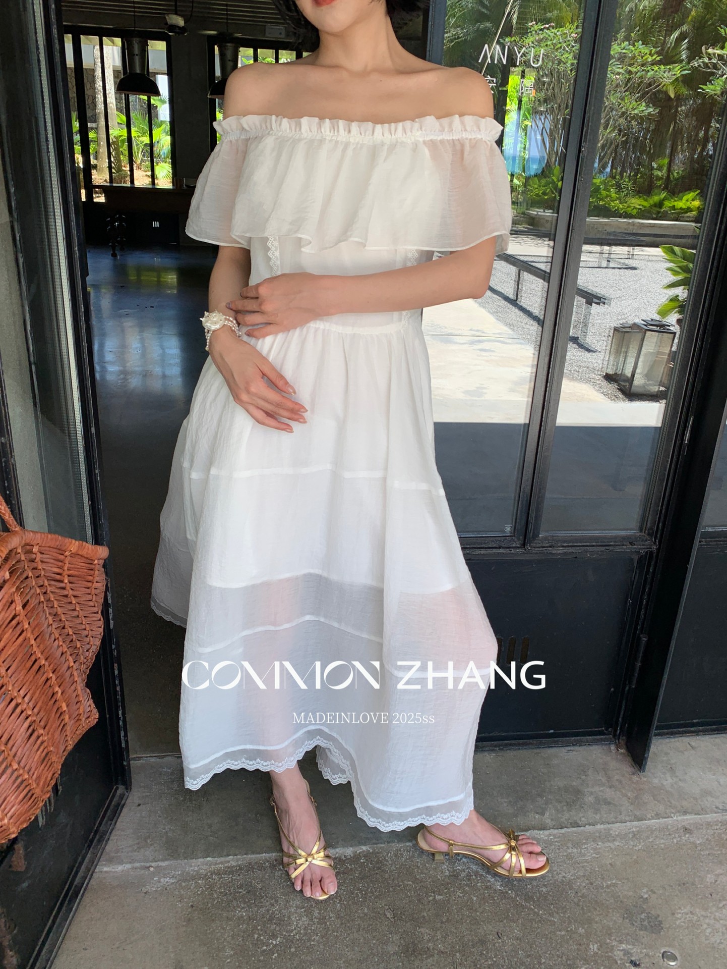 CZ ZHANG Summer French lace patchwork one-shoulder off-the-shoulder sexy slightly transparent texture dress for women B26857 pic 12