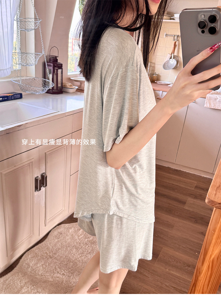 Summer pajama set with chest pad, short sleeves and shorts, pullover, two-piece home wear, thin and skin-friendly, can be worn outside with a pullover pic 29