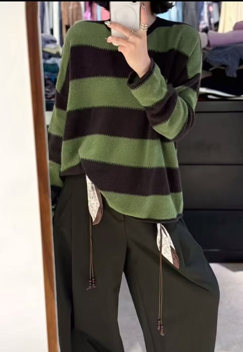 羊毛敲级绒感配色圆领毛衣圆领上衣宽松针织衫羊毛衫女澳洲绿色详情7