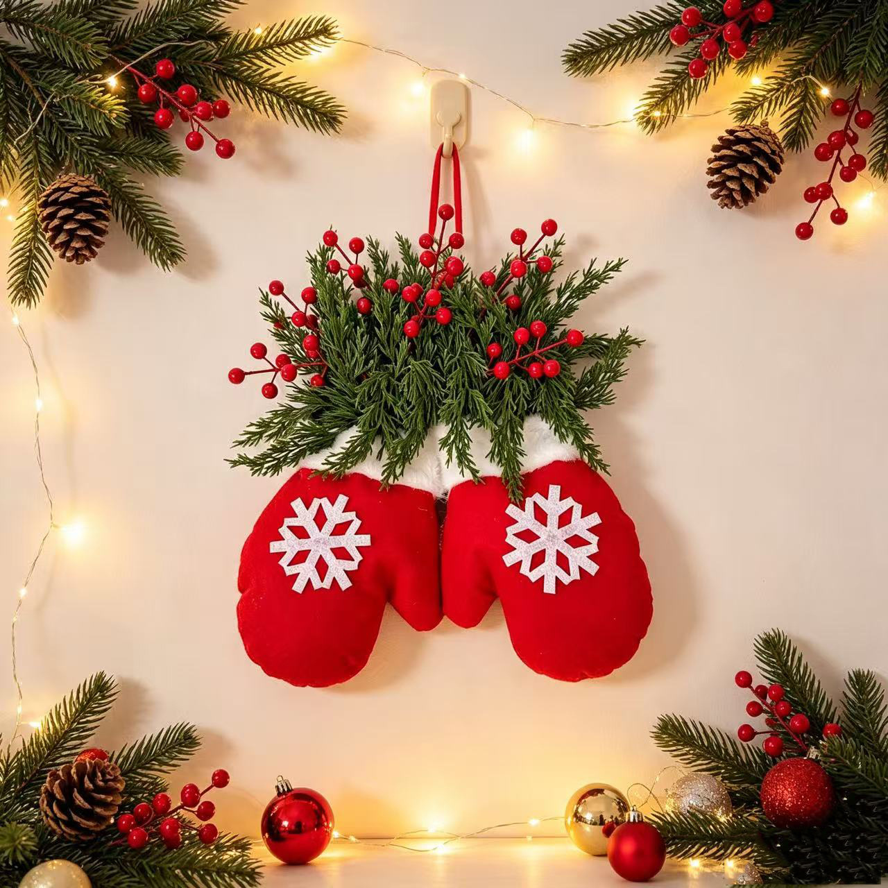 Christmas glove pendants, Christmas tree decorations, pine branches, snowballs, pinecones, and colorful lights embellish the background of gift boxes, creating a festive atmosphere pic 8