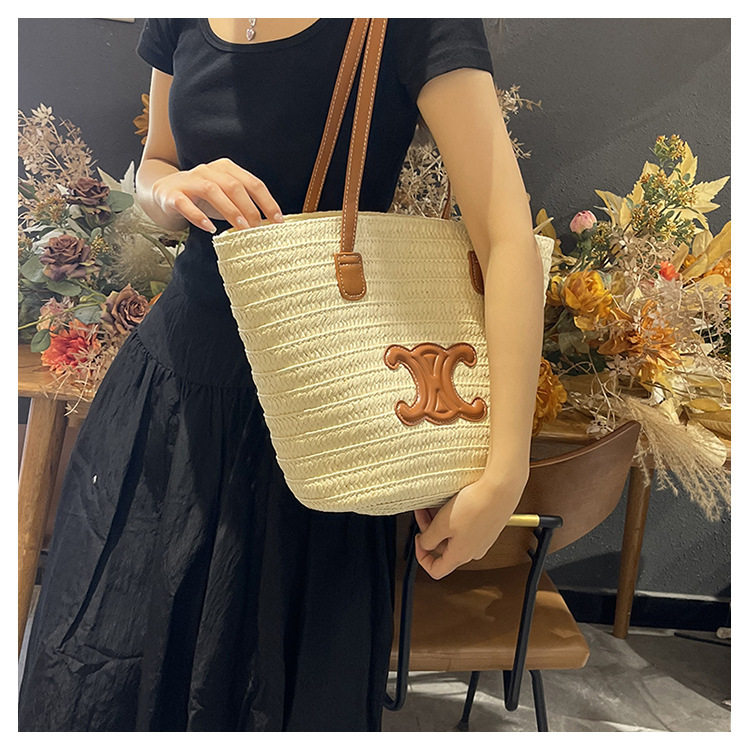 单肩草编包女士手提包大容量夏日旅游沙滩包手工编织菜篮子腋下包详情44