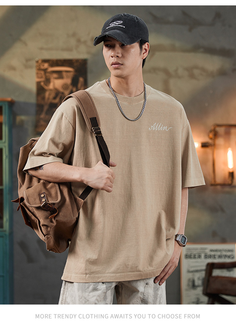 ALLIN pure cotton heavy-duty short-sleeved T-shirt for men, a summer trendy brand with three-dimensional printed letters and loose round-neck couple tops pic 33