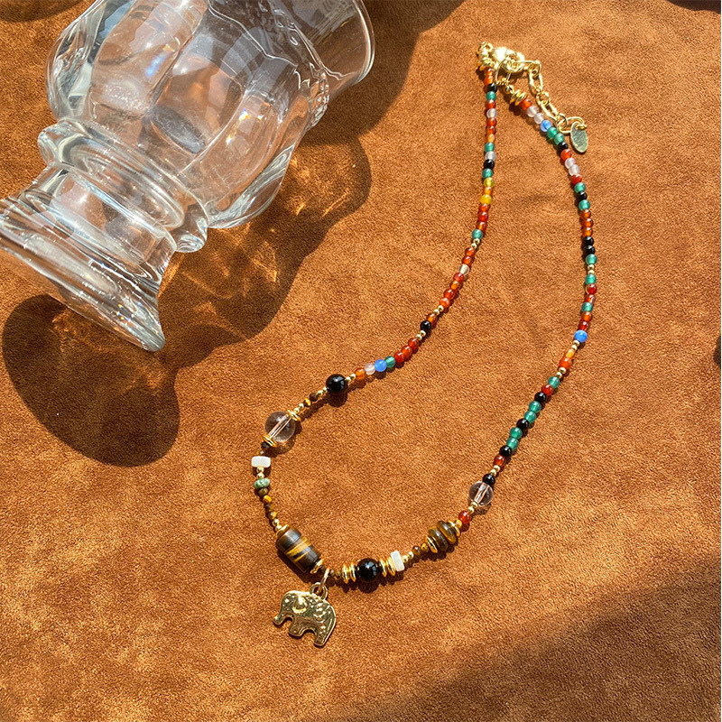 法式复古小象多巴胺串珠项链虎眼石水晶多色天然米珠小众锁骨链女详情4