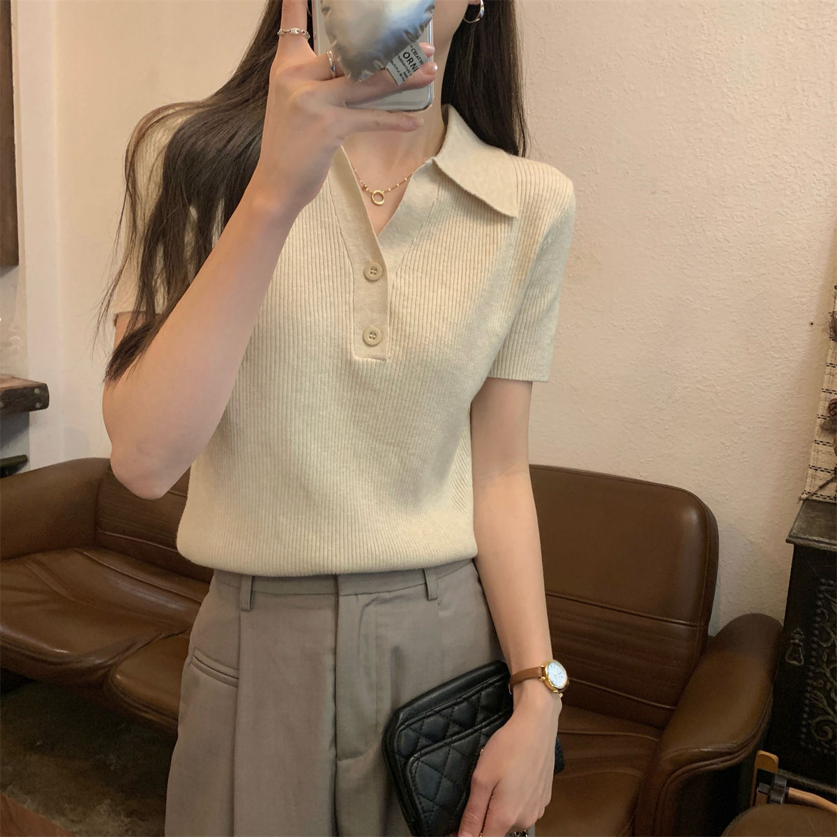 韩系坑条针织T恤夏季修身显瘦polo翻领正肩短袖女上衣气质打底衫详情14