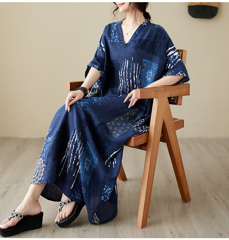 夏季v领薄棉麻大码宽松文艺度假风沙滩裙复古遮肉长款袍子连衣裙详情13