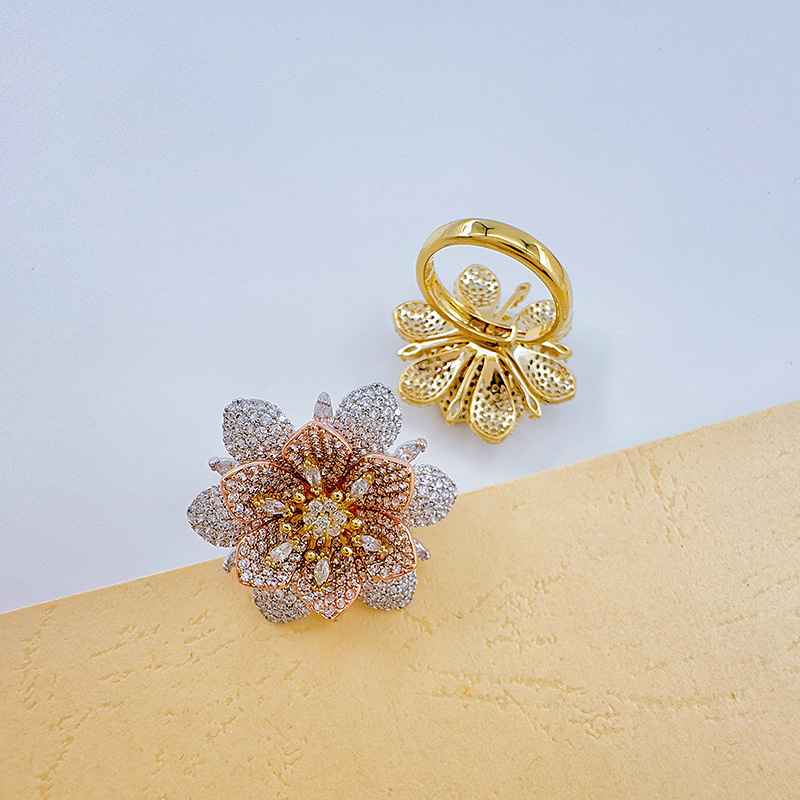 Bergamota cross border split color flor full diamond anillo mujer francés ins viento frío anillo DIY holder vacío handwear pic 14