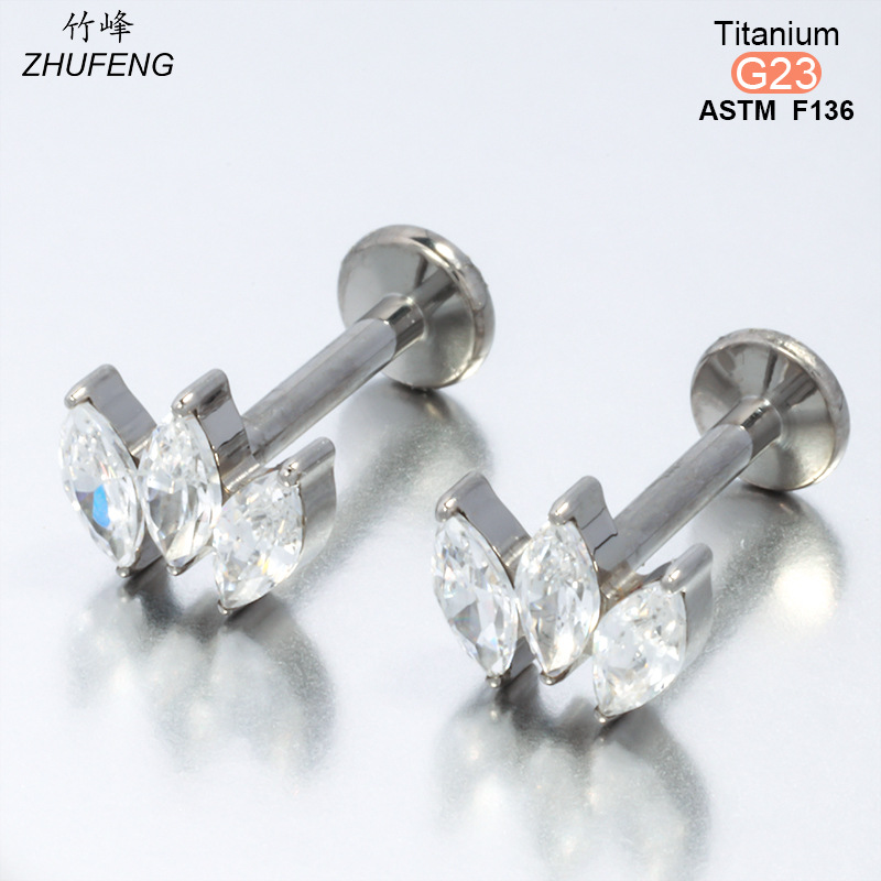 F136钛合金镶锆石耳钉时尚高级感镀金不掉色耳骨钉内牙螺旋唇钉详情11